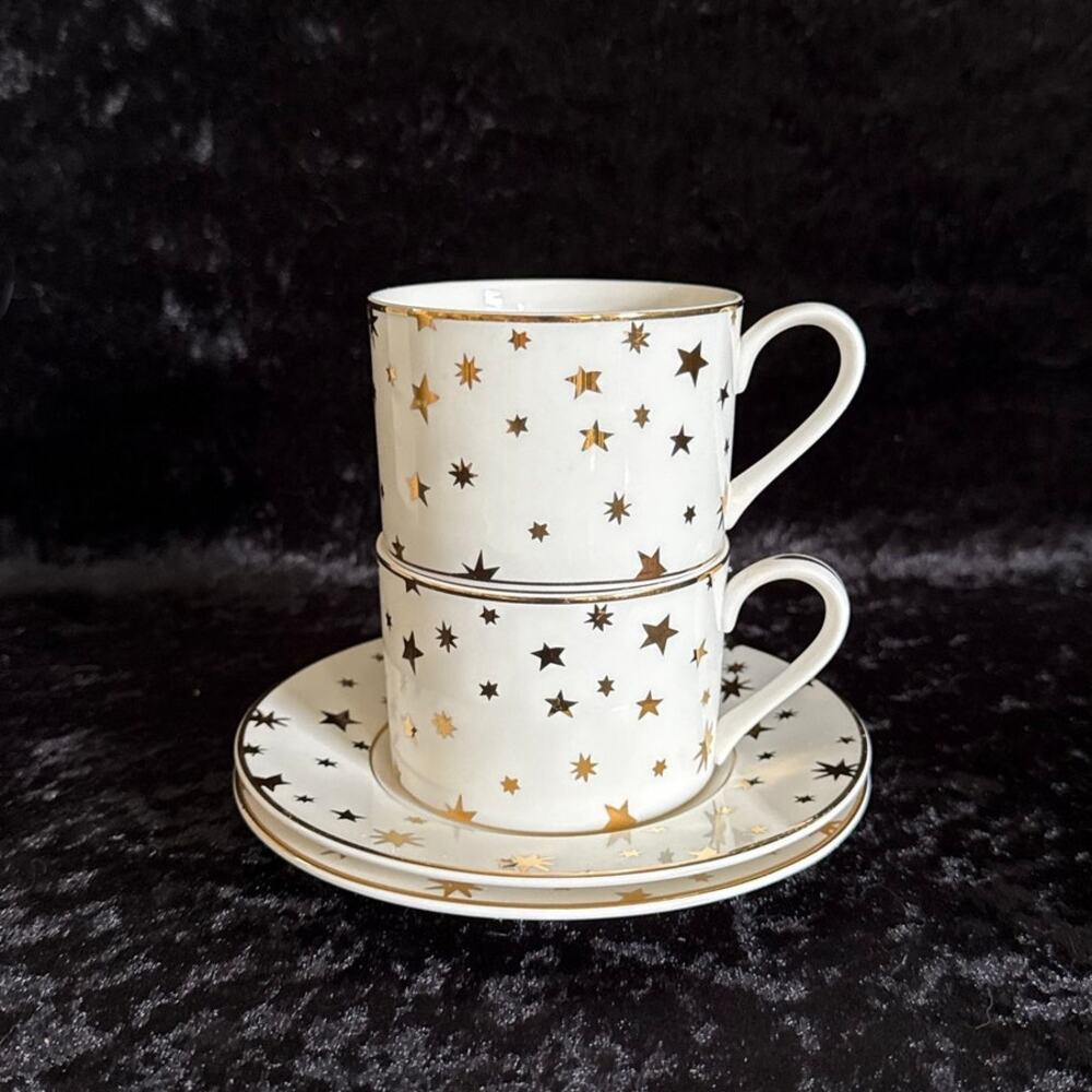 Sakura Galaxy White China Tea Cups & Saucers | 1990s Vintage | Celestial Dishes